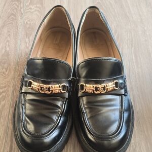 Sam Edelman Teo Lug Black Loafers With Gold Hardware Leather Sock Size 8